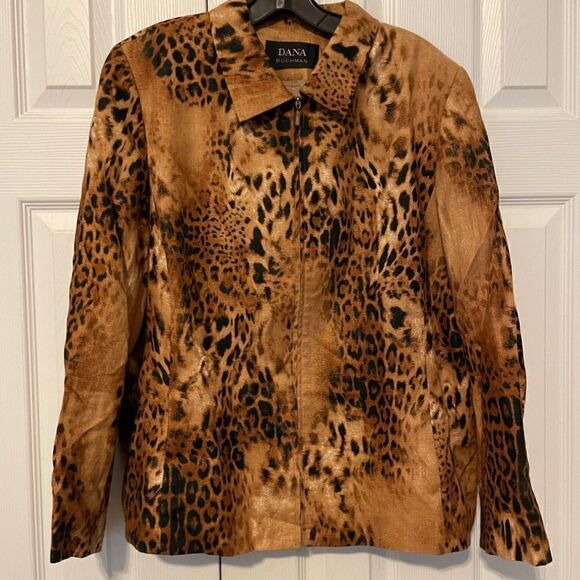 NWOT Dana Buchman Leopard Printed 100% Linen Long Sleeve ZipUp Front Blazer - 16 - Picture 2 of 14